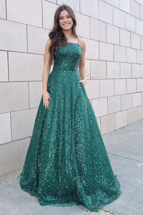 Gorgeous Backless Green Sequins Long Prom Dress, Sparkly Green Sequins Formal Graduation Evening Dress A1573