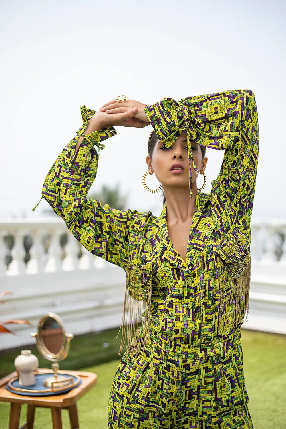 Green Crop Jacket Top With Pants