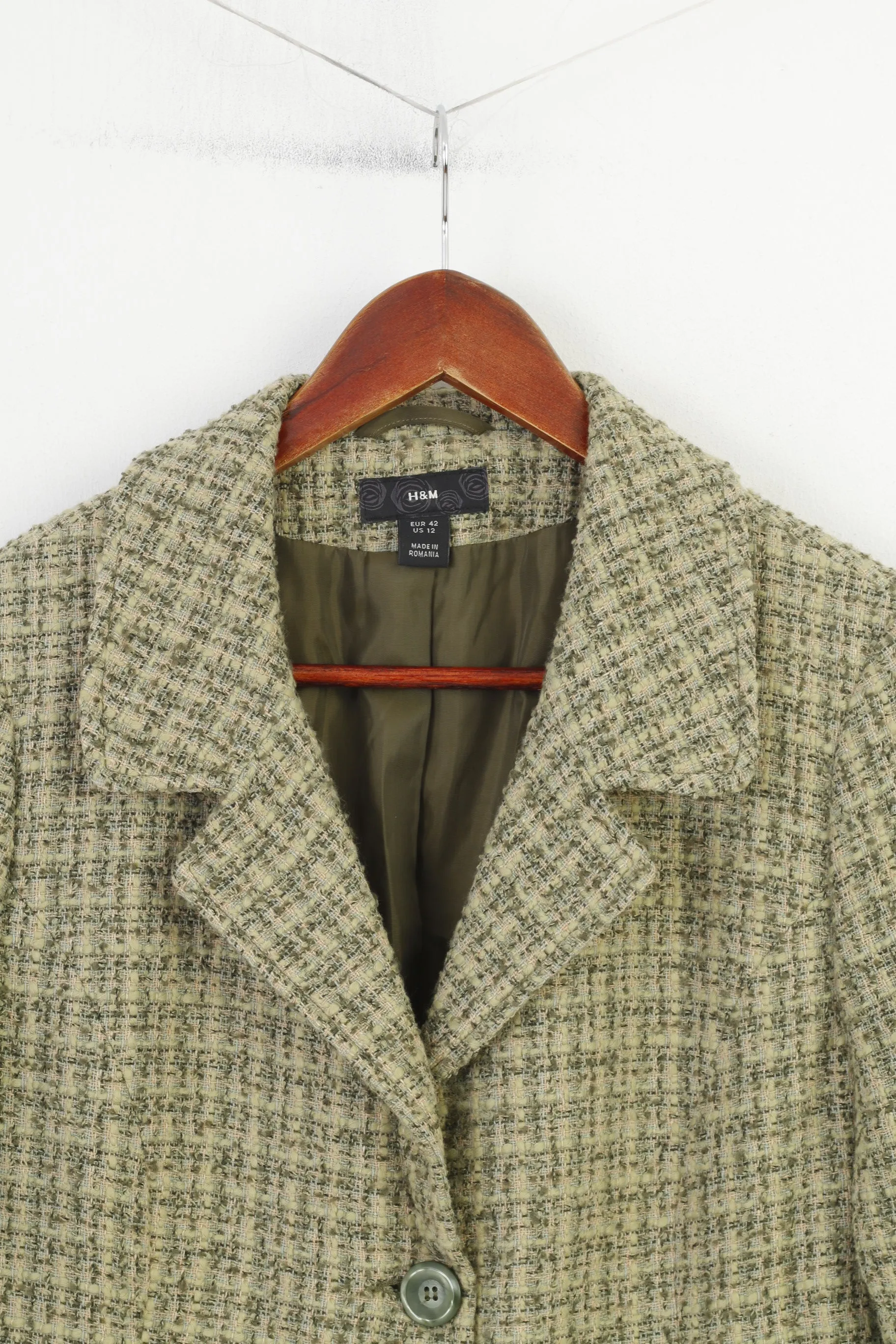 H&M Women 42 L Blazer Green Checkered  Single Breasted Pockets 7/8 Sleeve Bottoms Vintage Jacket