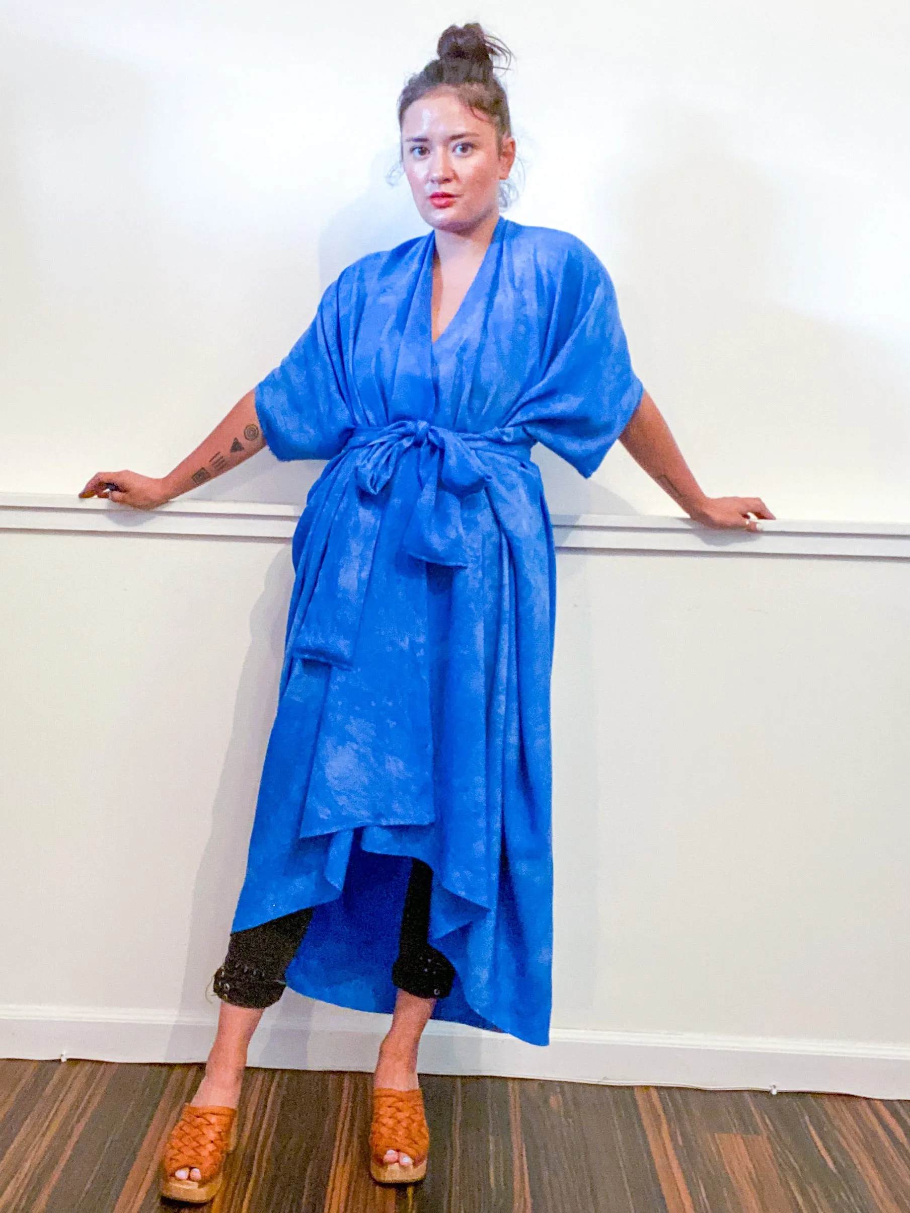Hand-Dyed High Low Kimono Almost Solid Blue