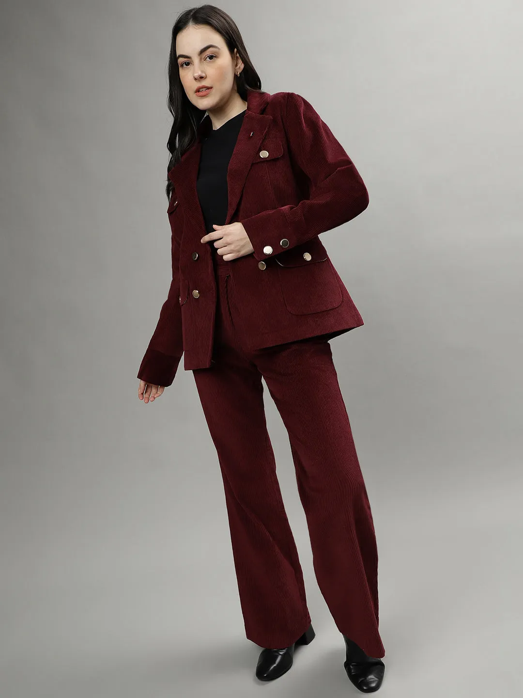 Iconic Women Wine Solid Notch Lapel Full Sleeves Blazer