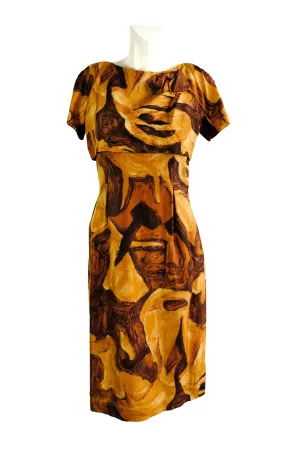 Jerimain 1960s Vintage Dress in Brown Abstract Print Silk, UK8-10