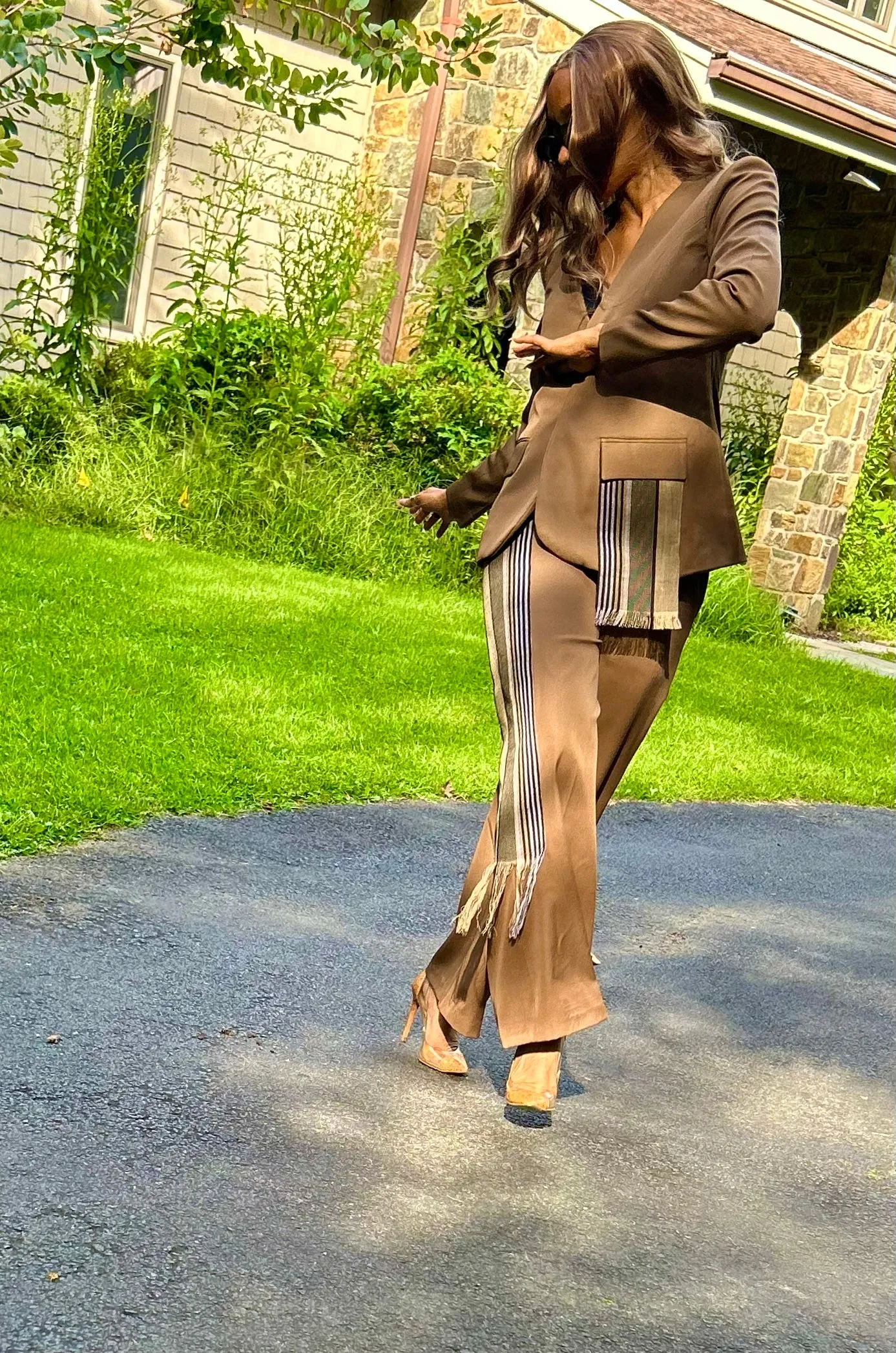 Kamala Tan Blazer with Hand Woven Aso Oke Side Detail