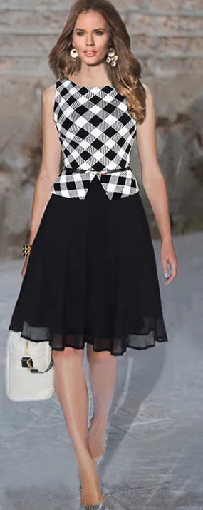 Ketty More Women Sleeveless Plaid Pattern Skirt Halter Chiffon Dress Black White-KMWD294