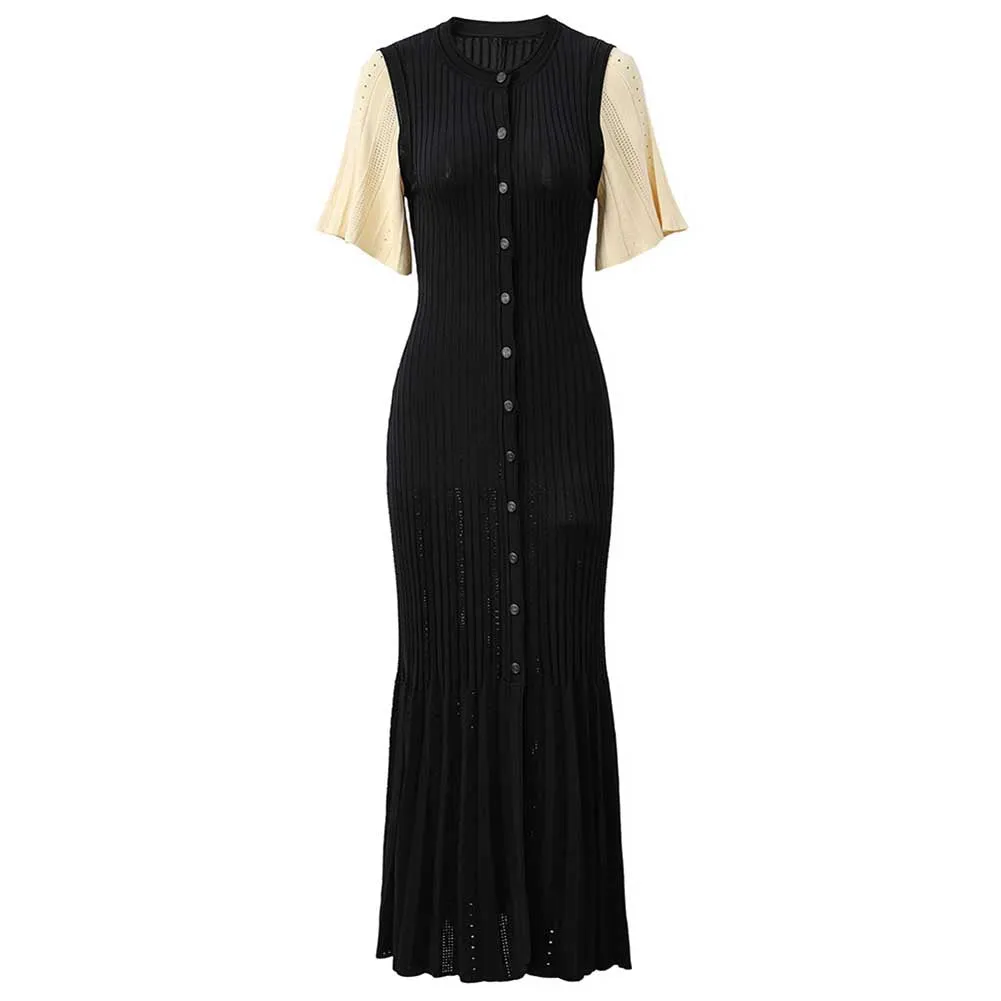 Knitted Black Long Cardigan Dress Short Sleeved Mixi Dress