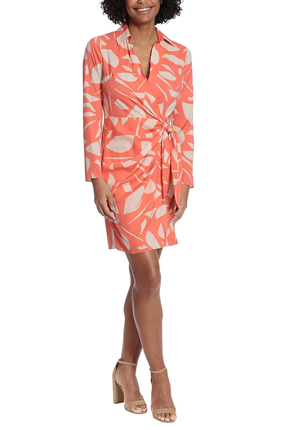 London Times V-Neck Shirt Collar Long Sleeve Tie Side Multi Print Twill Dress