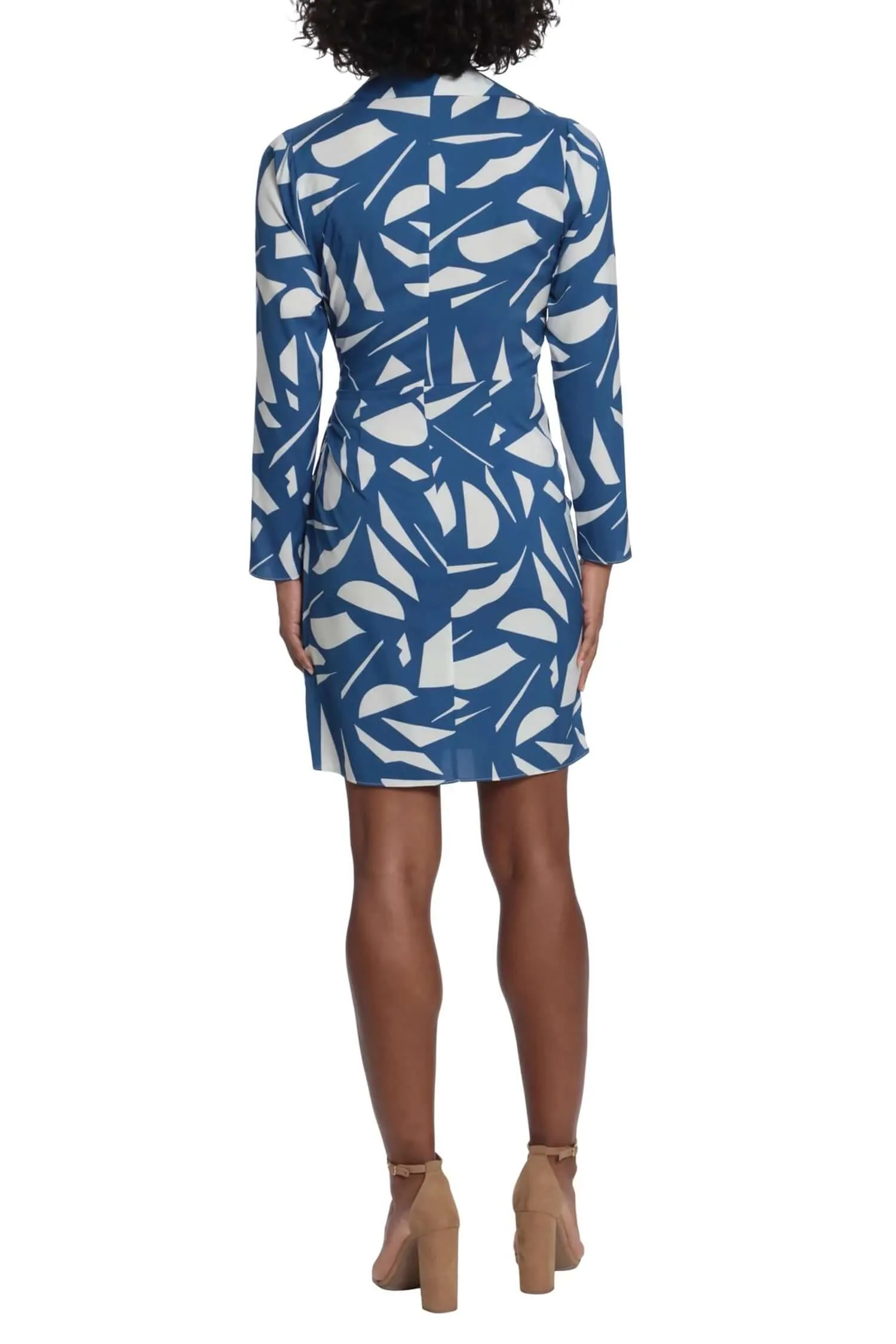 London Times V-Neck Shirt Collar Long Sleeve Tie Side Multi Print Twill Dress