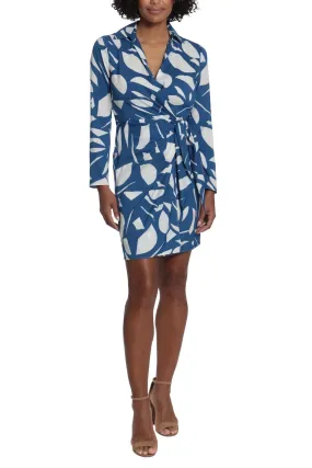 London Times V-Neck Shirt Collar Long Sleeve Tie Side Multi Print Twill Dress
