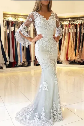 Long Bell Sleeves V Neck Mermaid Lace Long Prom Dresses, Long Sleeves Lace Formal Dresses, Mermaid Evening Dresses