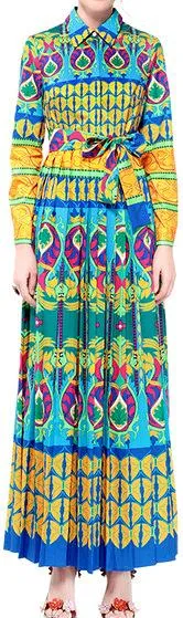 Long Printed Pleated Shirt Dress