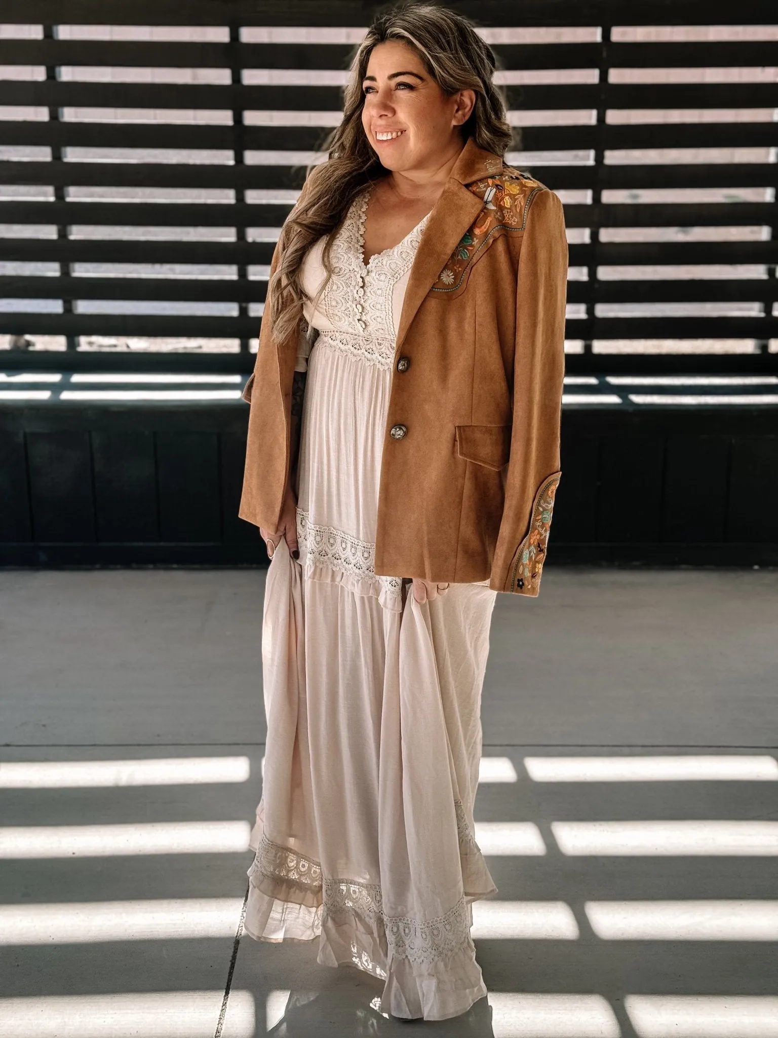 Lucky Trails Western Boho Suede Embroidered Blazer, Camel