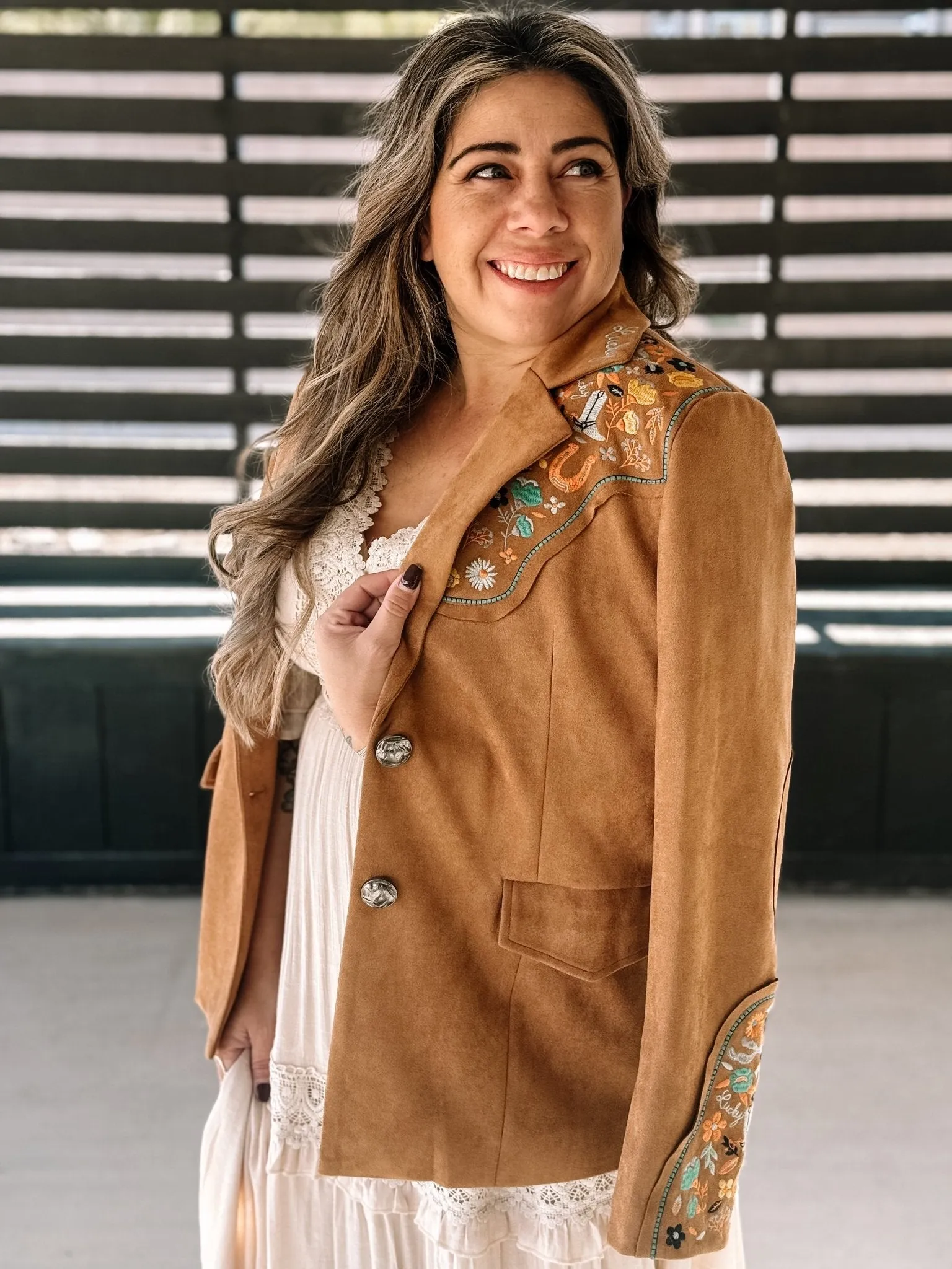 Lucky Trails Western Boho Suede Embroidered Blazer, Camel