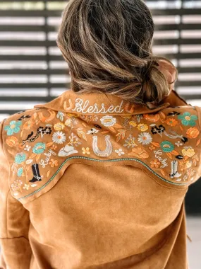 Lucky Trails Western Boho Suede Embroidered Blazer, Camel