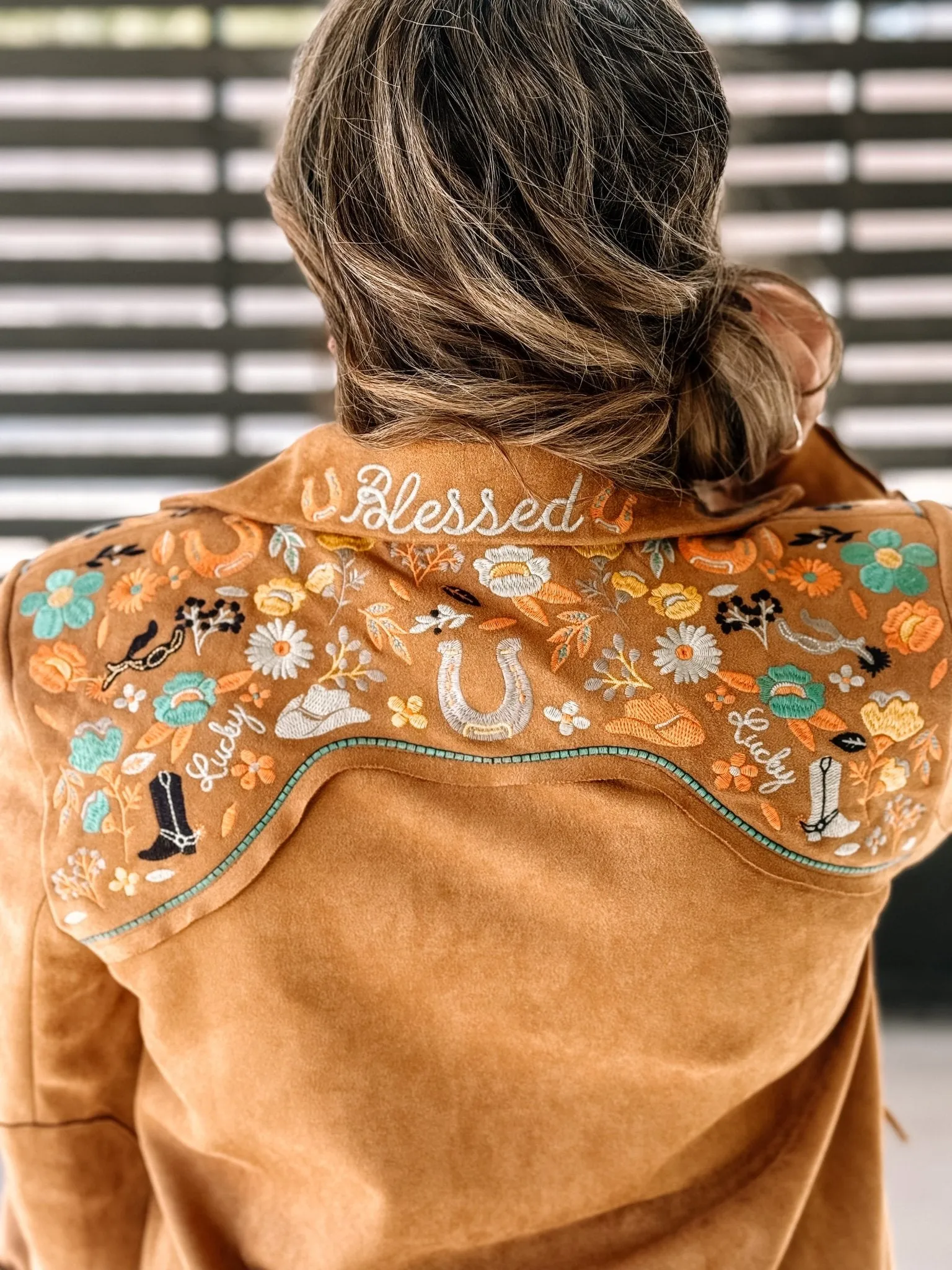 Lucky Trails Western Boho Suede Embroidered Blazer, Camel