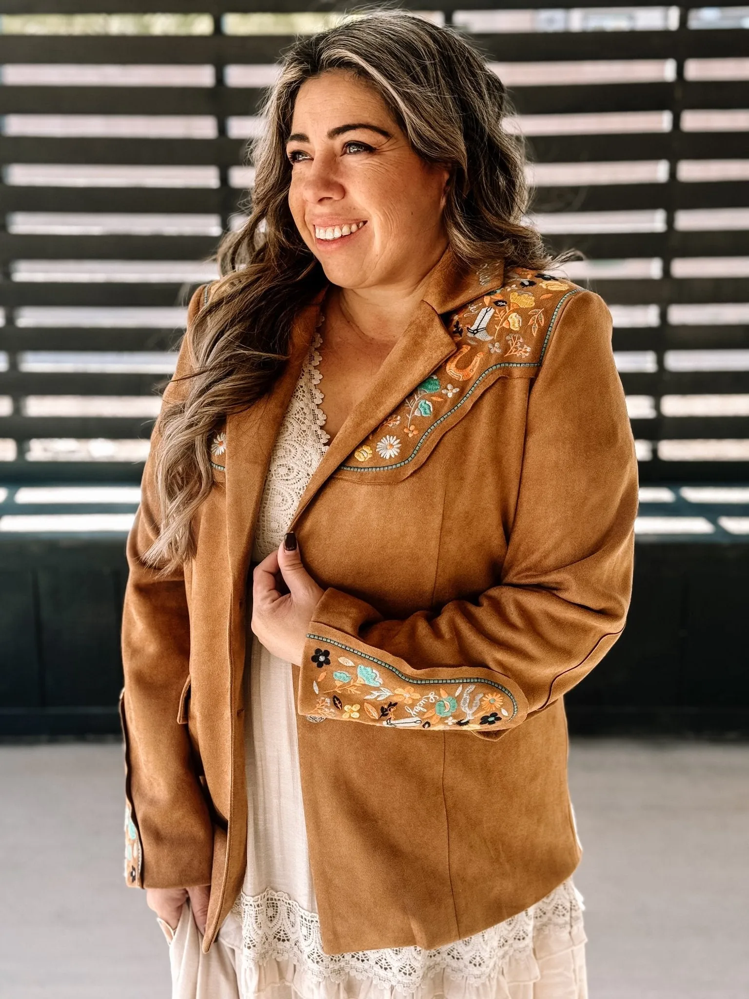 Lucky Trails Western Boho Suede Embroidered Blazer, Camel