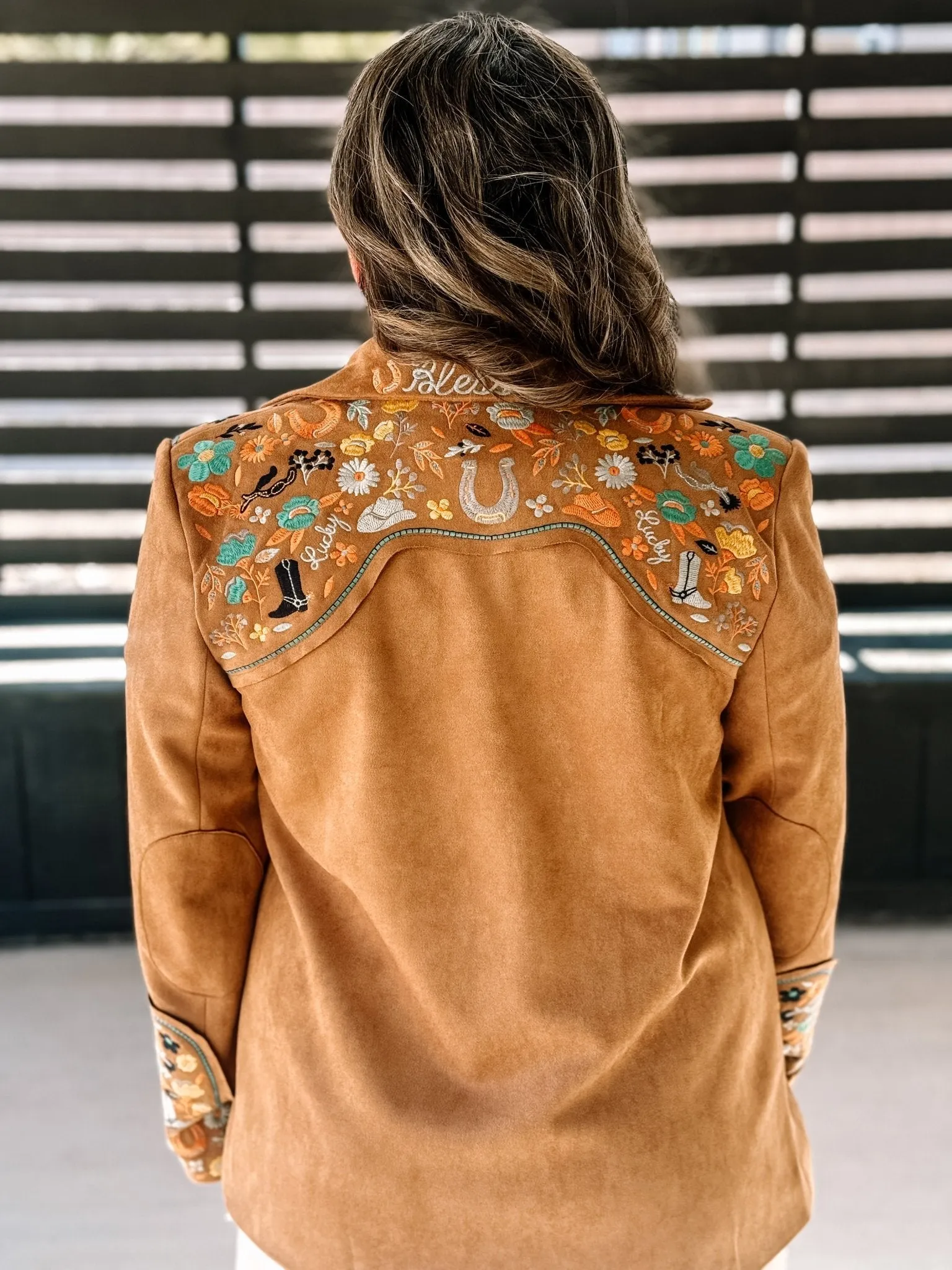 Lucky Trails Western Boho Suede Embroidered Blazer, Camel