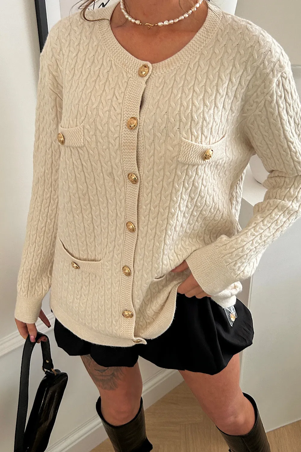 Macy Cream Cable Knit Long Sleeve Cardigan