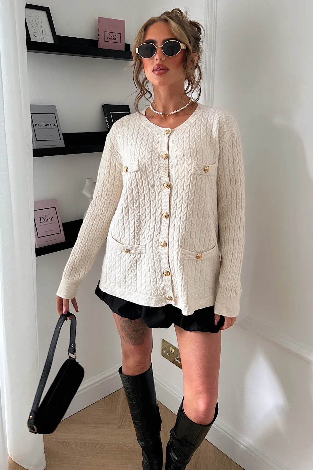 Macy Cream Cable Knit Long Sleeve Cardigan