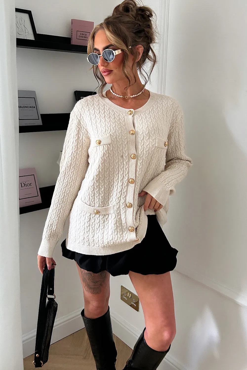 Macy Cream Cable Knit Long Sleeve Cardigan