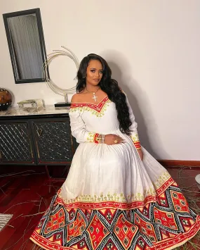 Magnificent Red Traditional Ethiopian Dress: Off Shoulder Daring Habesha Dress for Any Outings Habesha Libs