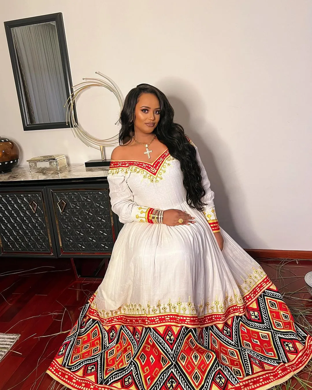 Magnificent Red Traditional Ethiopian Dress: Off Shoulder Daring Habesha Dress for Any Outings Habesha Libs
