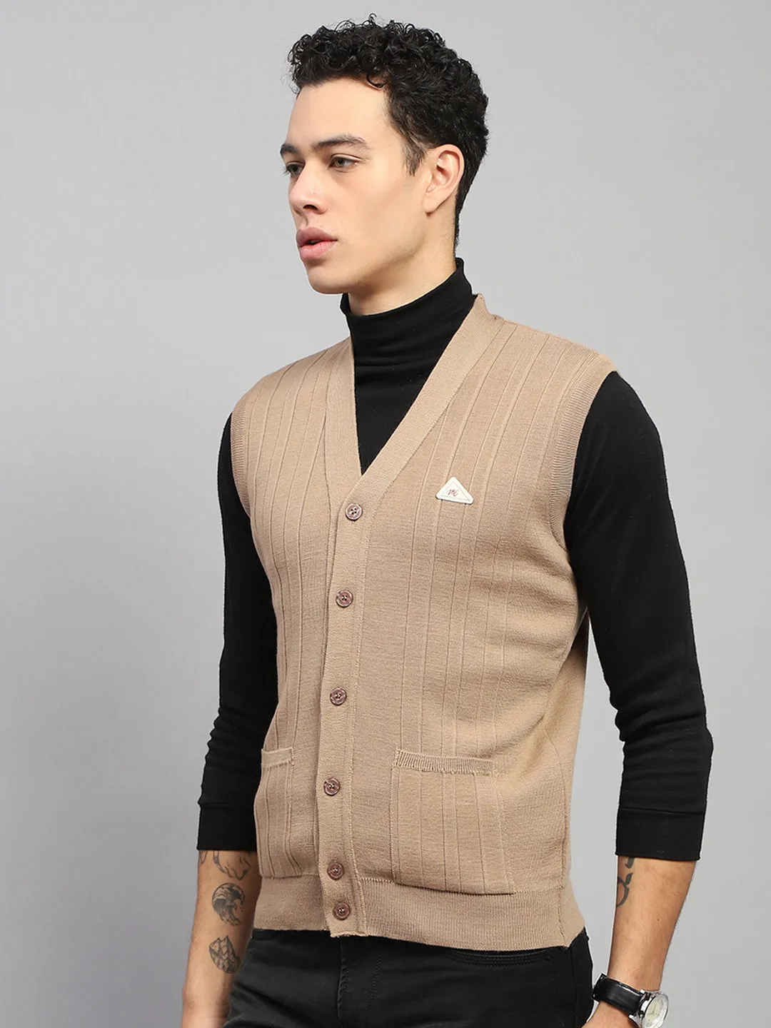 Men Beige Self Design V Neck Sleeveless Cardigan