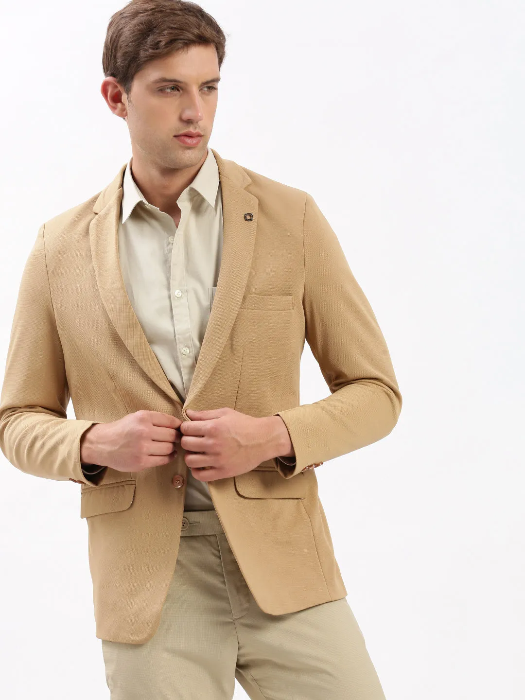 Men Notched Lapel Solid Beige Blazer