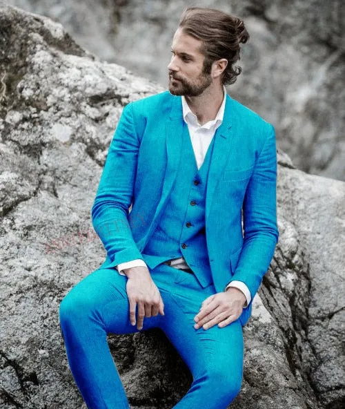 Men Suit Linen Beige For Beach Wedding Casual Man Blazer Custom Groom Tuxedo Jacket Pants Set Mens Suits 3 Pieces