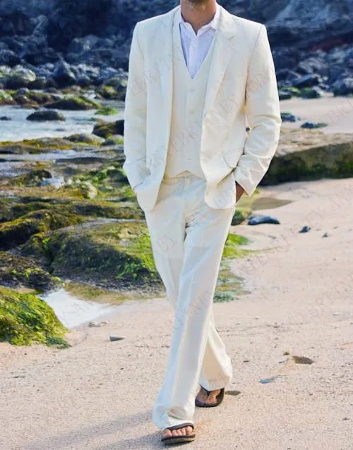 Men Suit Linen Beige For Beach Wedding Casual Man Blazer Custom Groom Tuxedo Jacket Pants Set Mens Suits 3 Pieces