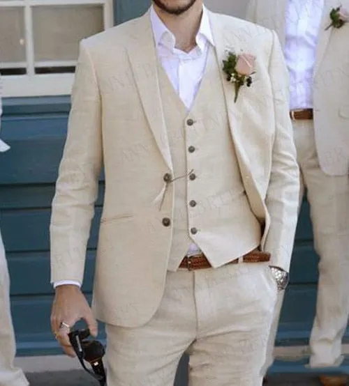 Men Suit Linen Beige For Beach Wedding Casual Man Blazer Custom Groom Tuxedo Jacket Pants Set Mens Suits 3 Pieces