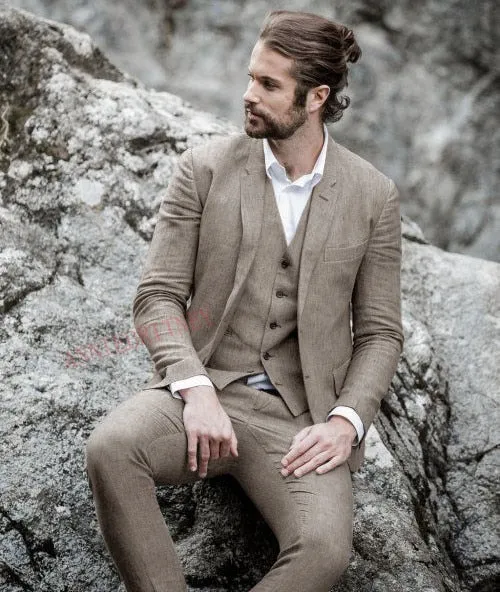 Men Suit Linen Beige For Beach Wedding Casual Man Blazer Custom Groom Tuxedo Jacket Pants Set Mens Suits 3 Pieces