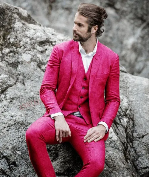 Men Suit Linen Beige For Beach Wedding Casual Man Blazer Custom Groom Tuxedo Jacket Pants Set Mens Suits 3 Pieces