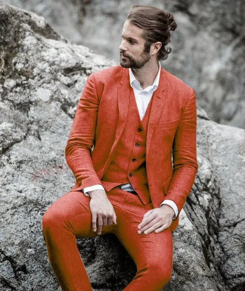Men Suit Linen Beige For Beach Wedding Casual Man Blazer Custom Groom Tuxedo Jacket Pants Set Mens Suits 3 Pieces