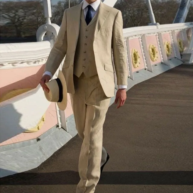 Men Suit Linen Beige For Beach Wedding Casual Man Blazer Custom Groom Tuxedo Jacket Pants Set Mens Suits 3 Pieces