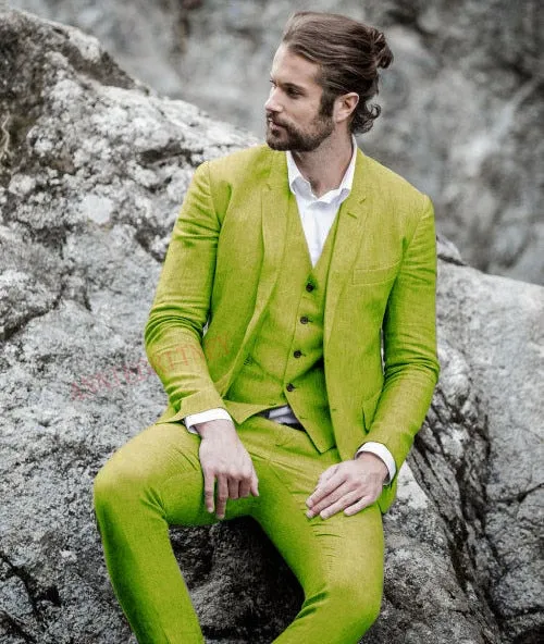 Men Suit Linen Beige For Beach Wedding Casual Man Blazer Custom Groom Tuxedo Jacket Pants Set Mens Suits 3 Pieces