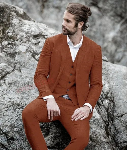 Men Suit Linen Beige For Beach Wedding Casual Man Blazer Custom Groom Tuxedo Jacket Pants Set Mens Suits 3 Pieces