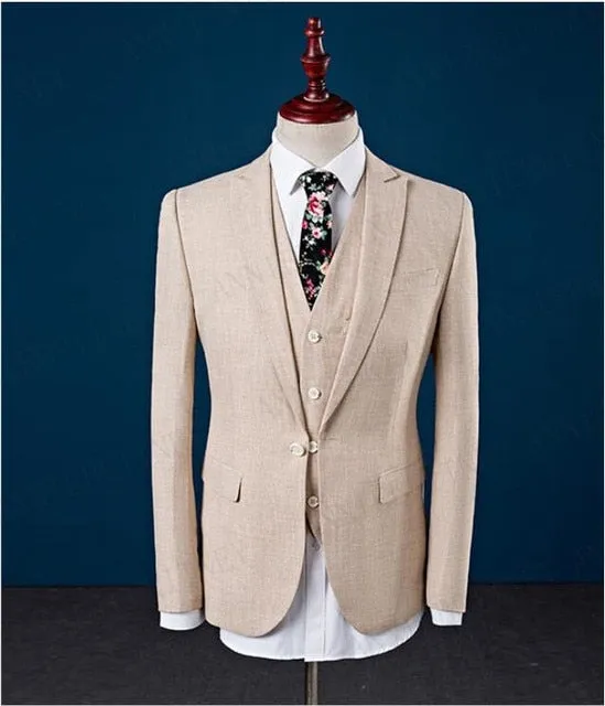 Men Suit Linen Beige For Beach Wedding Casual Man Blazer Custom Groom Tuxedo Jacket Pants Set Mens Suits 3 Pieces