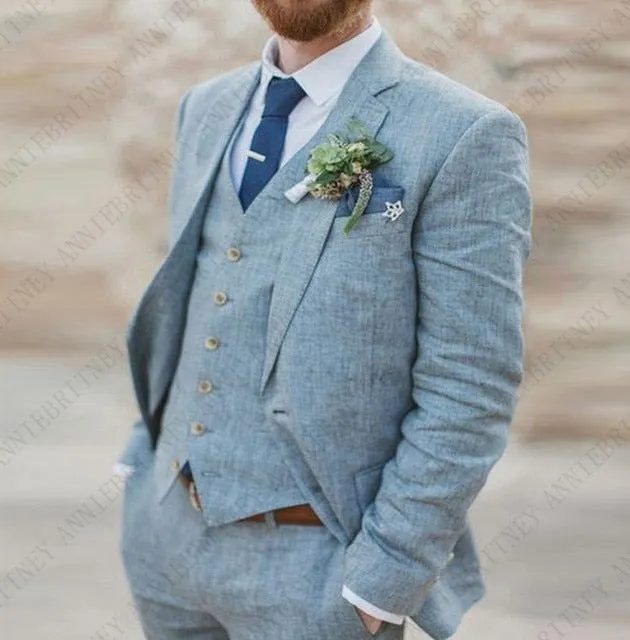 Men Suit Linen Beige For Beach Wedding Casual Man Blazer Custom Groom Tuxedo Jacket Pants Set Mens Suits 3 Pieces