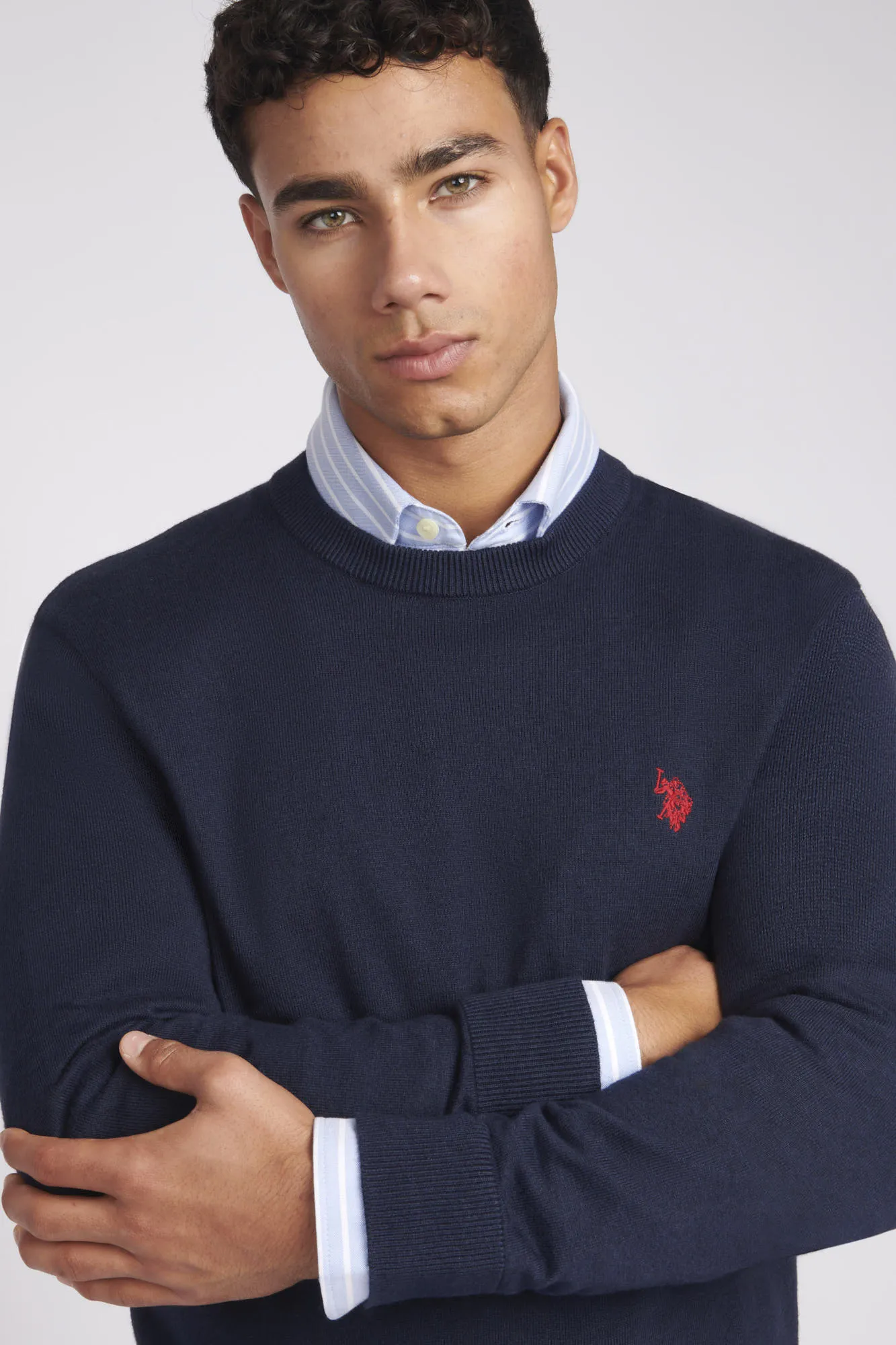 Mens Cotton Crewneck in Navy Blazer / Haute Red