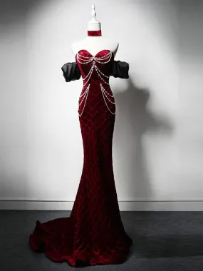Mermaid Sweetheart Neck Velvet Burgundy Long Prom Dress with Beads