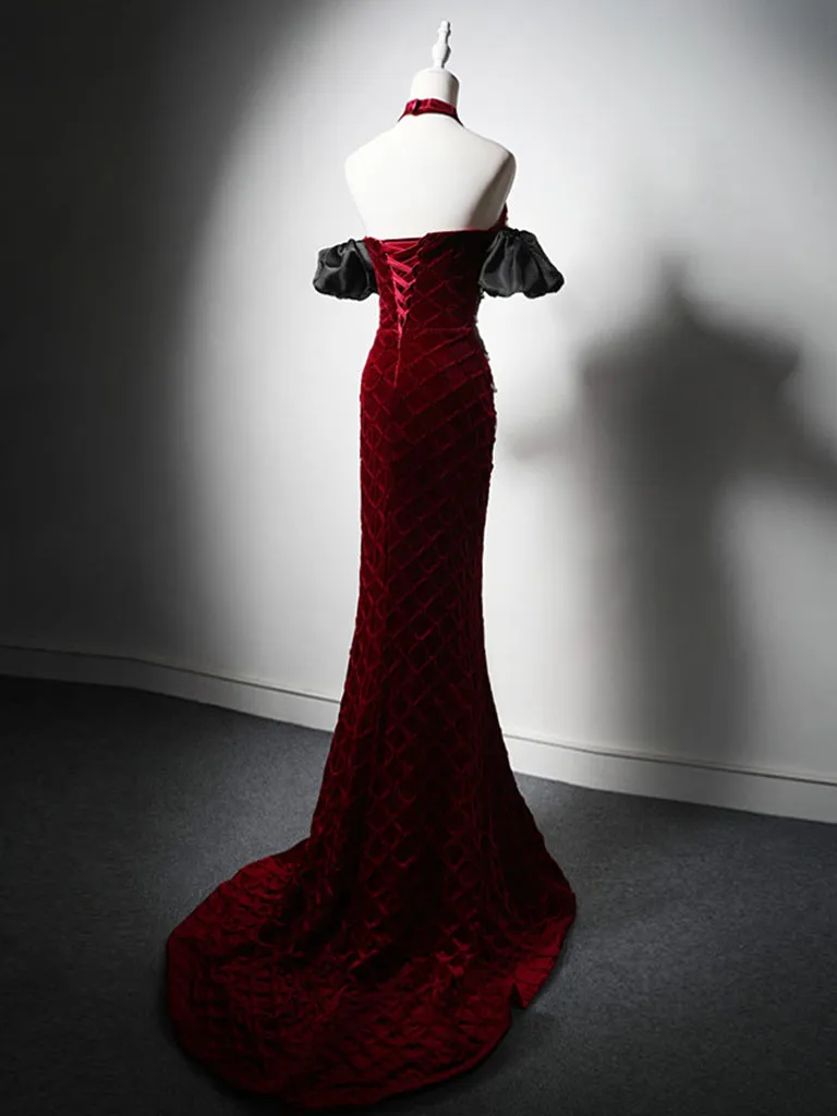 Mermaid Sweetheart Neck Velvet Burgundy Long Prom Dress with Beads