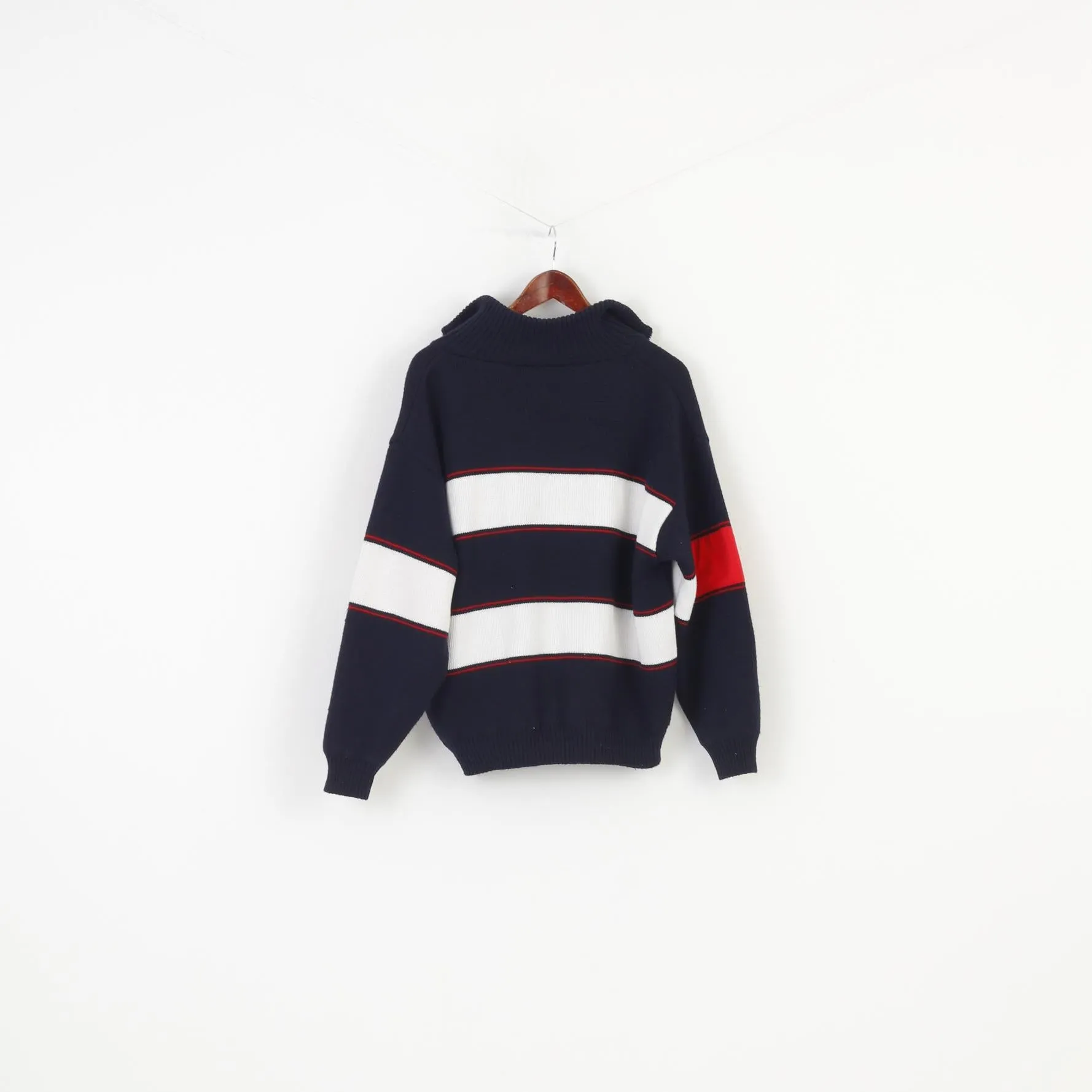 Navy Men M Jumper Navy Blue Zip Neck Collar Striped Long Sleeve Marine Top
