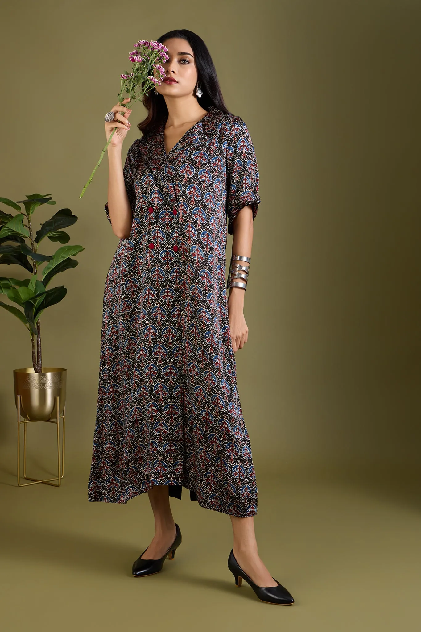 Noir Mughal Orchard Ajrakh Modal Silk Midi Blazer Dress