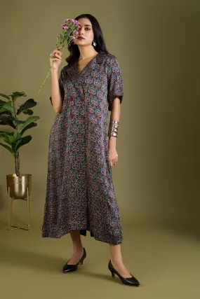 Noir Mughal Orchard Ajrakh Modal Silk Midi Blazer Dress