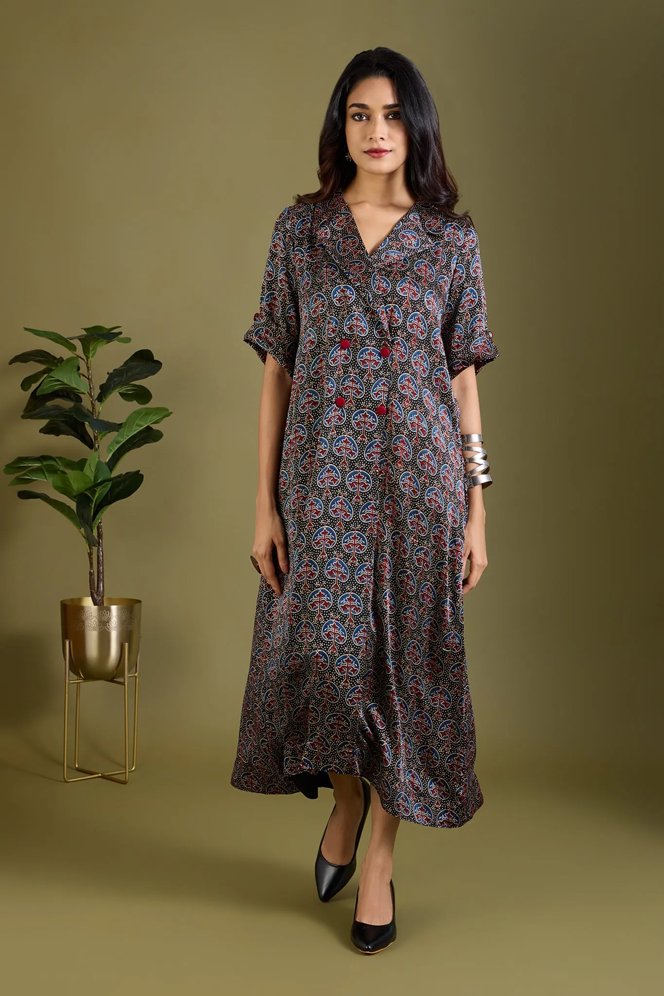 Noir Mughal Orchard Ajrakh Modal Silk Midi Blazer Dress