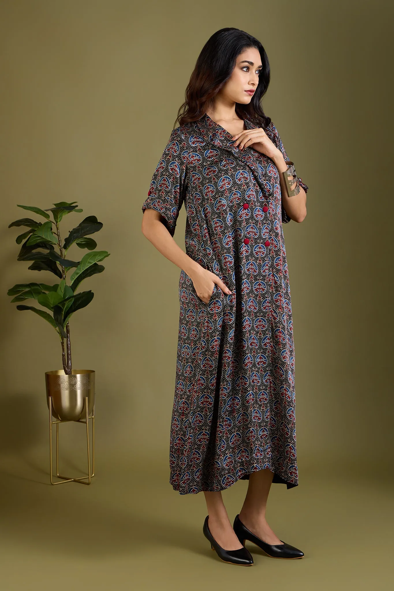 Noir Mughal Orchard Ajrakh Modal Silk Midi Blazer Dress