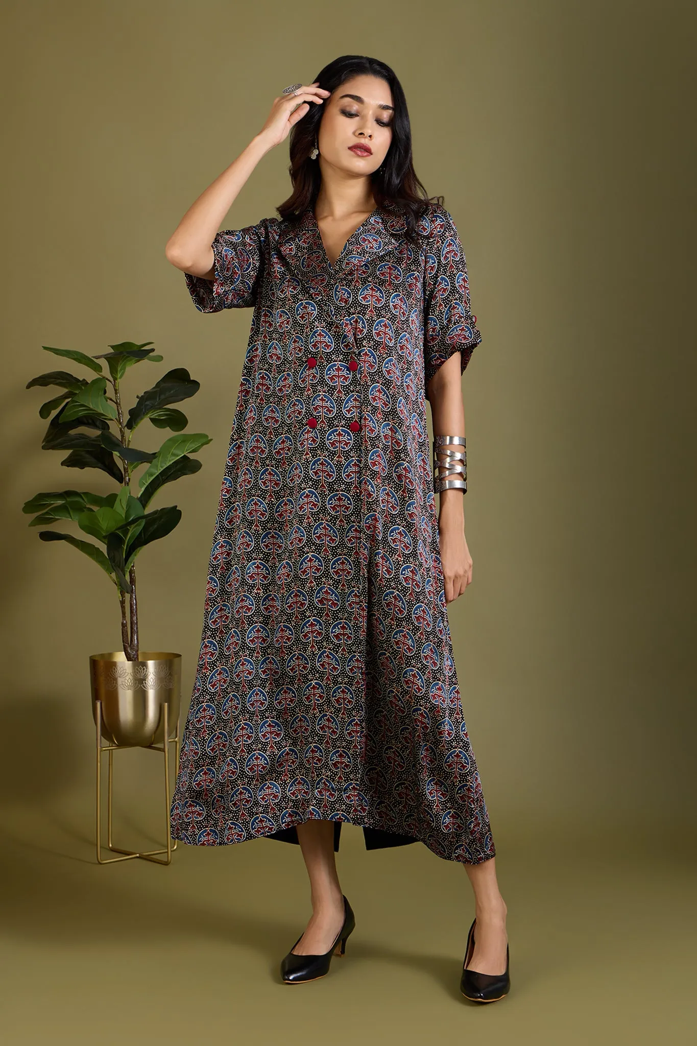 Noir Mughal Orchard Ajrakh Modal Silk Midi Blazer Dress