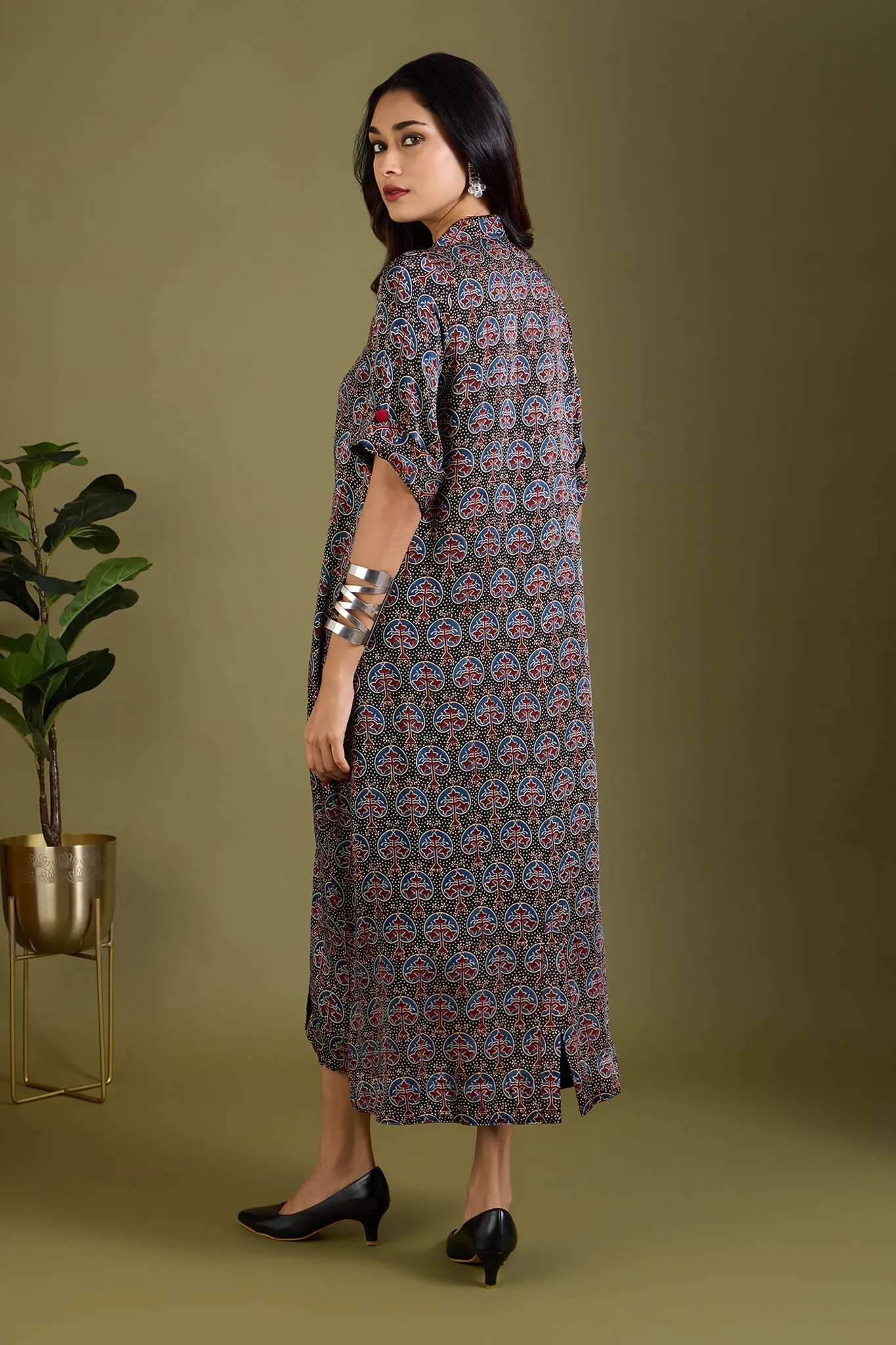 Noir Mughal Orchard Ajrakh Modal Silk Midi Blazer Dress