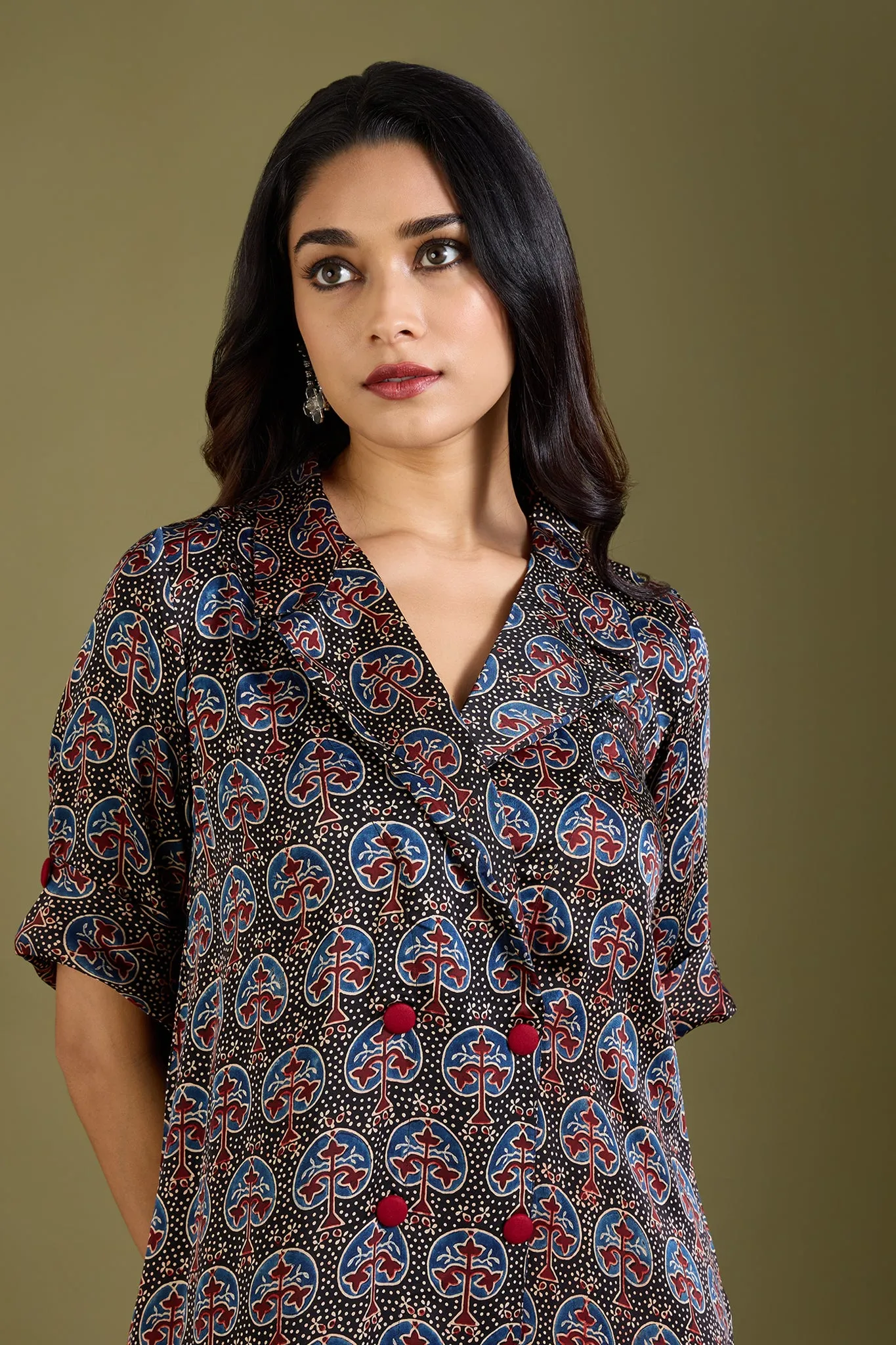 Noir Mughal Orchard Ajrakh Modal Silk Midi Blazer Dress
