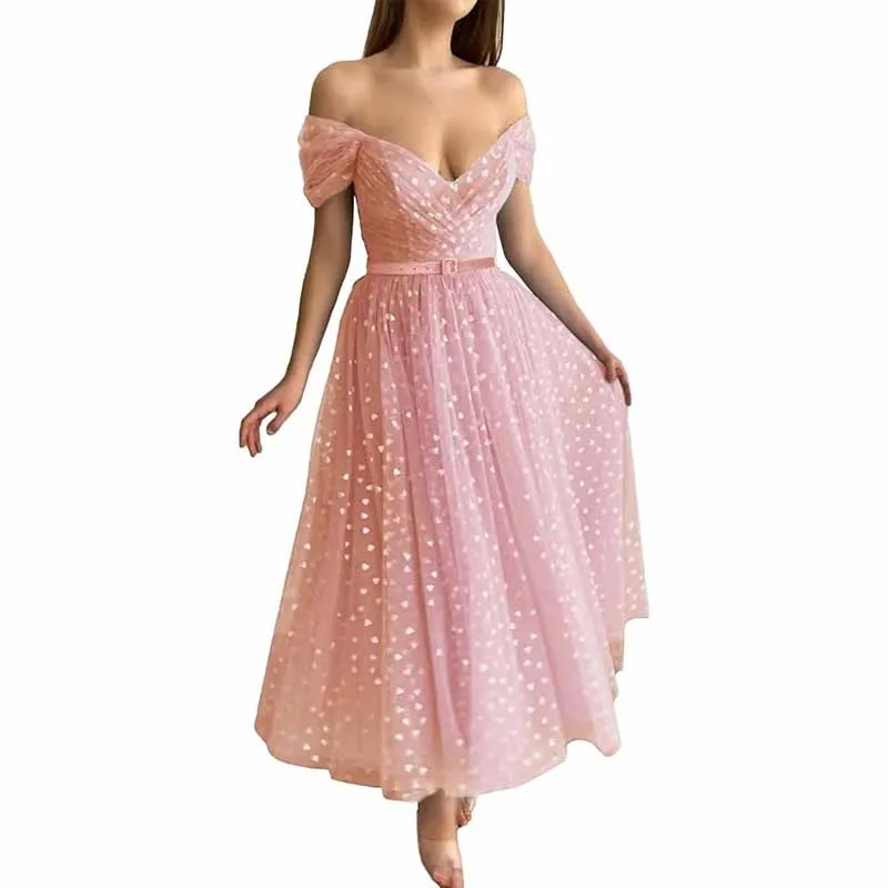 Off Shoulder Tulle Homecomng Dress Tea Length Formal Dress Party Gowns with Belt